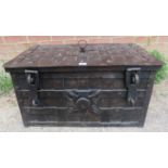A late 17th/early 18th century Armada chest, of cast iron strapwork construction, the lid with 7-po