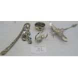 Two white metal figures of dragonfly & scorpion, a Mexican silver pill box with abalone top and a