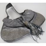 A Francesco Biasia silver leather evening bag with metal beadwork decoration and fancy tassel,