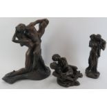 A group of three bronzed figural groups of lovers embracing, late 20th century. (3 items) 11 in (