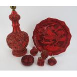 A group of Chinese simulated cinnabar lacquer objects, 20th century. (6 items) Lamp: 10.6 in (27 cm)