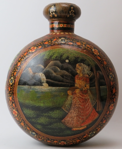 A large Indian hand painted metal moon flask vase, 20th century. Both sides painted with figural - Image 3 of 5