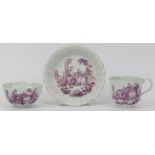 A rare Worcester porcelain tea, coffee cup and saucer trio set, mid/late 18th century. Each with
