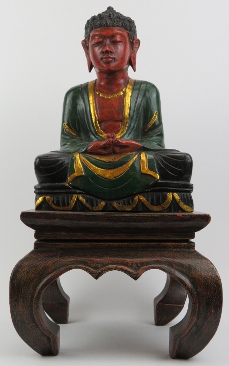 A Chinese gilt lacquered carving of Buddha with stand, 20th century. 51 cm total height. Condition