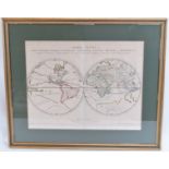 An engraved and hand coloured historical map of the world in two hemispheres by Nicolas Sanson,
