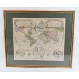 An engraved and hand coloured historical map of the world in two hemispheres compiled by J.M.