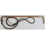 A late Victorian Malacca, silver and antler horn hunting whip. With an L shaped antler handle,