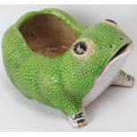 A European majolica ceramic toad jardiniere. Modelled with an open mouth and nostrils. 23 cm length.