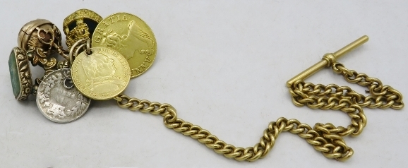 An 18ct gold Albert with 'T' bar and dog clip, with attached Queen Anne Guinea 1710 and a gold Louis