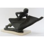 A Lluis Jorda cold cast bronze figural sculpture, Spanish. Signed. Depicting a male sailor pulling