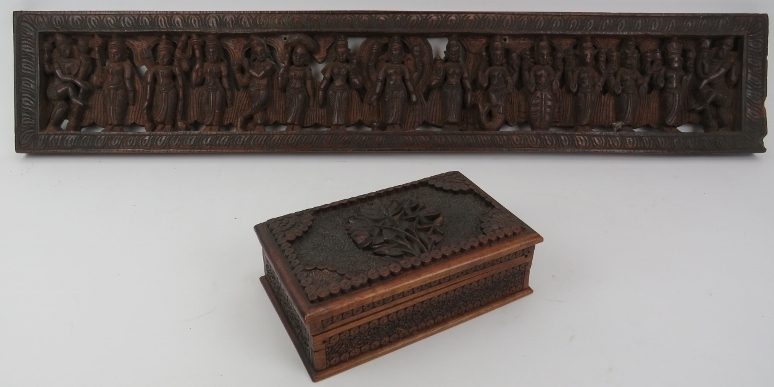 Two Indian carved wood objects, 20th century. Comprising an ornately carved box with hidden