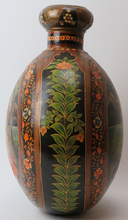 A large Indian hand painted metal moon flask vase, 20th century. Both sides painted with figural - Image 2 of 5