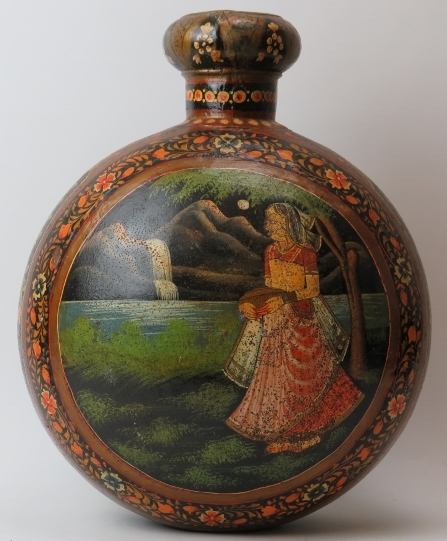 A large Indian hand painted metal moon flask vase, 20th century. Both sides painted with figural