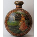 A large Indian hand painted metal moon flask vase, 20th century. Both sides painted with figural