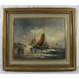 Dutch School (20th century) - 'Beach scene with fishing boats and figures', oil on canvas,