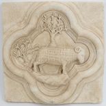 A plaster cast copy of a medieval end stone. Of square form, modelled in relief depicting a ram