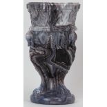A Victorian Edward Moore & Co pressed glass urn. Modelled in marbled malachite purple with three