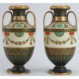 A pair of Wedgwood neoclassical style gilt and polychrome painted twin handled urns, circa 1878.