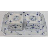A Royal Copenhagen blue and white porcelain inkstand, late 19th century. Comprising a tray with