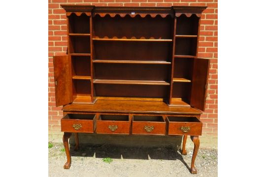 A good quality Georgian style burr elm dresser, the top section with dentil cornice and shaped - Image 3 of 4