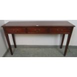 A narrow Georgian style mahogany console table/sideboard, crossbanded and with parquetry inlay,