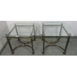 A pair of good quality contemporary square side tables, with bevelled glass tops, on bronzed metal