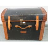 An antique leather-bound travelling trunk by Mason & Whitehead of Brompton Rd, London with