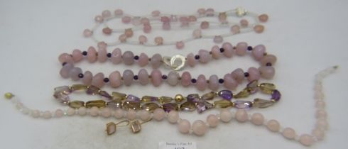 A rose quartz & crystal graduated necklace with 14ct yellow gold ball clasp and a pair of unmarked