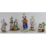 A group of five German porcelain figurines, 19th/20th century. (5 items) 19 cm tallest height.