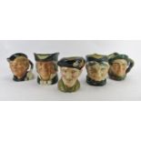 A group of five Royal Doulton character jugs. Comprising Monty, Dick Whittington, D6375 Parson