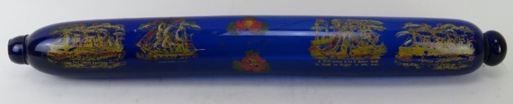 A large Victorian sailors forget-me-not Bristol blue glass rolling pin. With transfer printed and