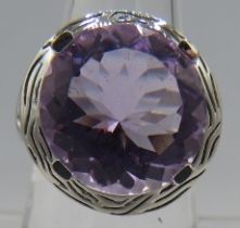 Large pink amethyst round faceted solitaire. Overall setting 20mm. Platinum finish sterling