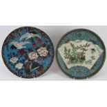 Two Japanese cloisonné enamelled chargers, Meiji period (1868 - 1912). (2 items) 30 cm diameter.