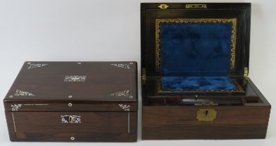 A Victorian burr walnut writing slope and a William IV rosewood inlaid mother of pearl brass handled