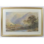 British School (19th century) - 'Mountainous river landscape with fisherman in a boat', watercolour,