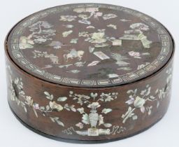 A large Chinese mother of pearl inlaid wooden sewing box and cover, 19th century.