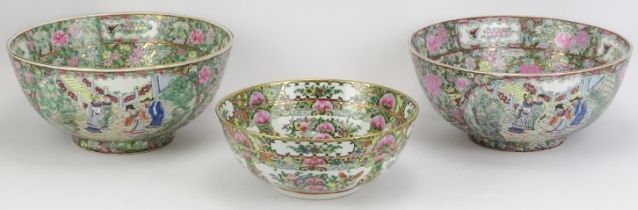 Three Chinese Rose Canton and Rose Mandarin punch bowls, 20th century. (3 items) Pair: 31 cm