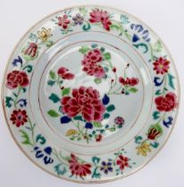 A Chinese export famille rose polychrome enamelled porcelain plate, 18th century, Qianlong period.