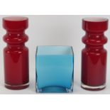 Three Swedish Lindshammar overlay glass vases. Comprising a pair of transparent ruby red and