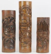 Three Chinese carved bamboo brush pots, 20th century. Decorated with a variety of figural scenes