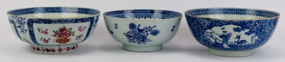 Three Chinese export porcelain punch bowls, 18th century.