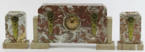 An Art Deco marble and brass mantle clock garniture, early 20th century. (3 items) Clock: 29.8 cm