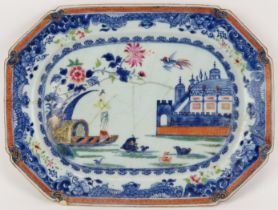 A rare Chinese export ‘Cathedral of Seville’ decorated famille rose porcelain meat dish tray, 18th