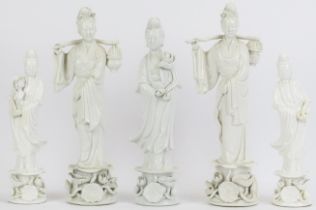Five Chinese blanc de chine porcelain figures, 20th century. Comprising three depictions of