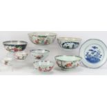 A group of Chinese export famille rose and imari wares, 18th. (9 items) Largest bowl: 23 cm