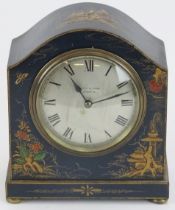 A Mappin & Webb chinoiserie mantle clock. Gilt and enamelled decoration against a navy blue