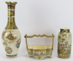 Two Japanese satsuma porcelain vases and a jardiniere, late Meiji period. (3 items) 40 cm tallest