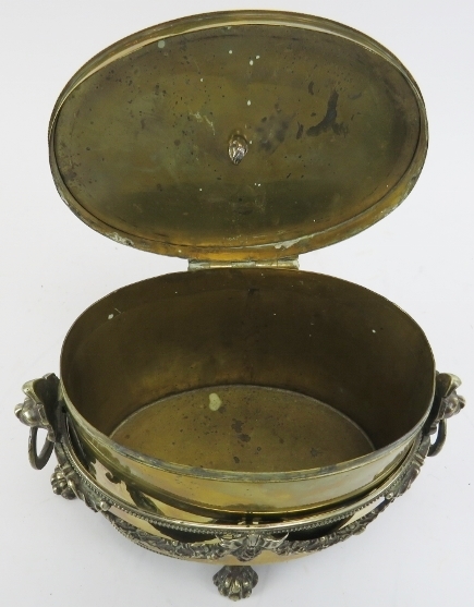 A brass tea caddy with plated silver mounts and stand, 19th century. The hinged brass cover - Image 3 of 3