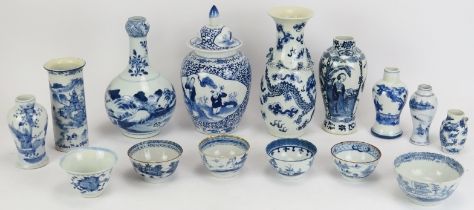 A group of Chinese blue and white porcelain wares, 19th/early 20th century. (15 items). Condition