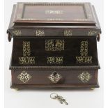 A mother of pearl inlaid twin handled sewing box, mid 19th century. With a hinged cover, lower